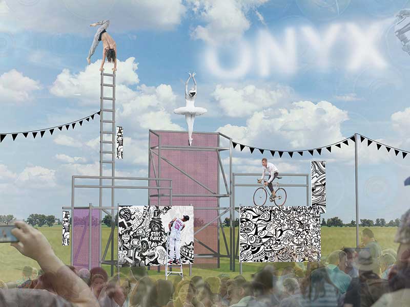 Render of scaffolding and live graffiti stage